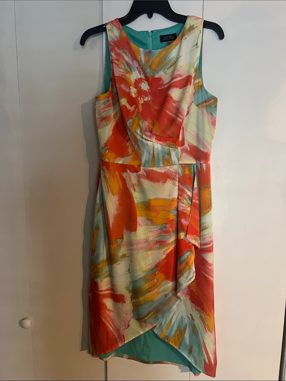 Tahari ASL  Abstract Watercolor Dress in Coral, Teal & Yellow